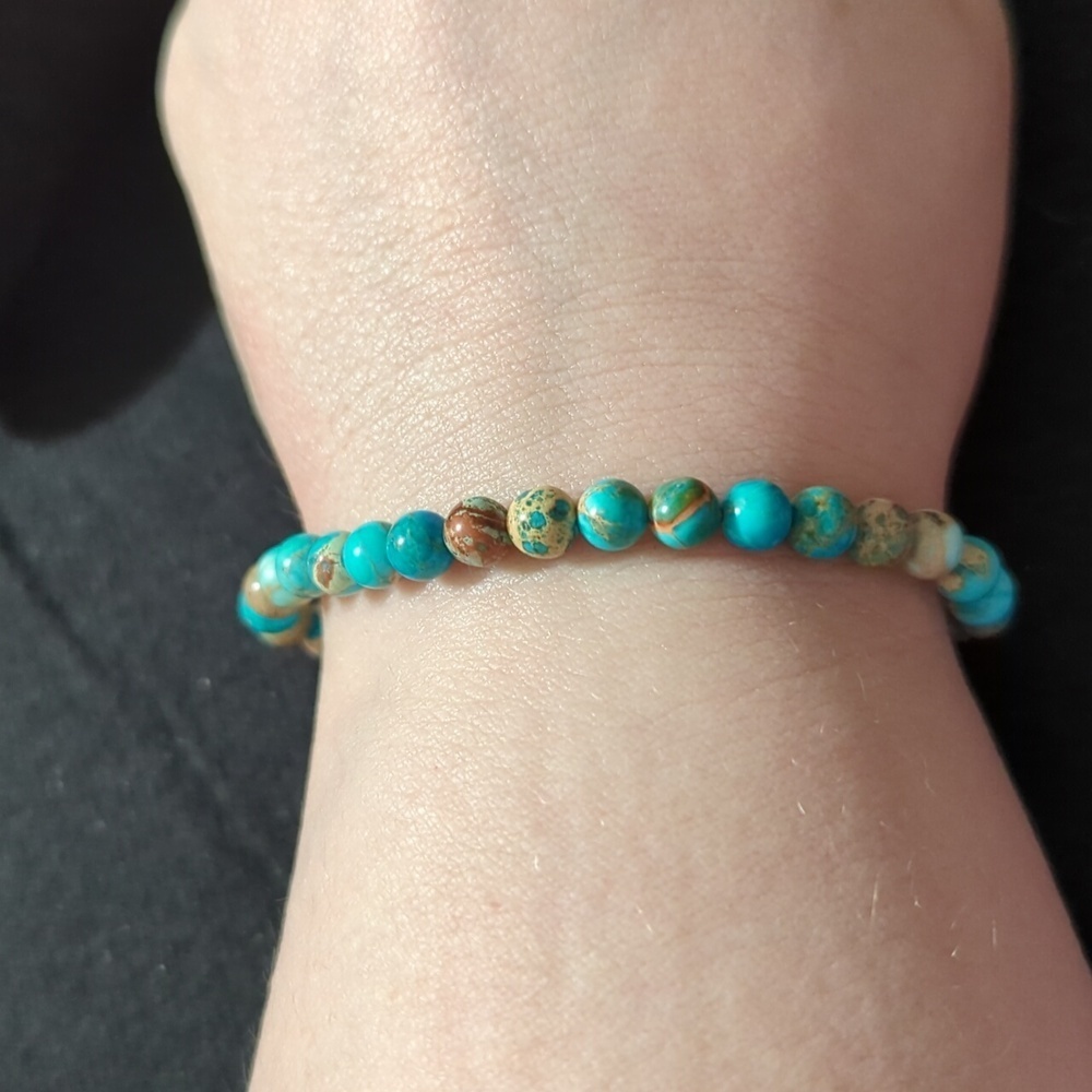 Blue and Brown Ocean Jasper Gemstone Beaded Stretchy Elastic Statement Bracelet